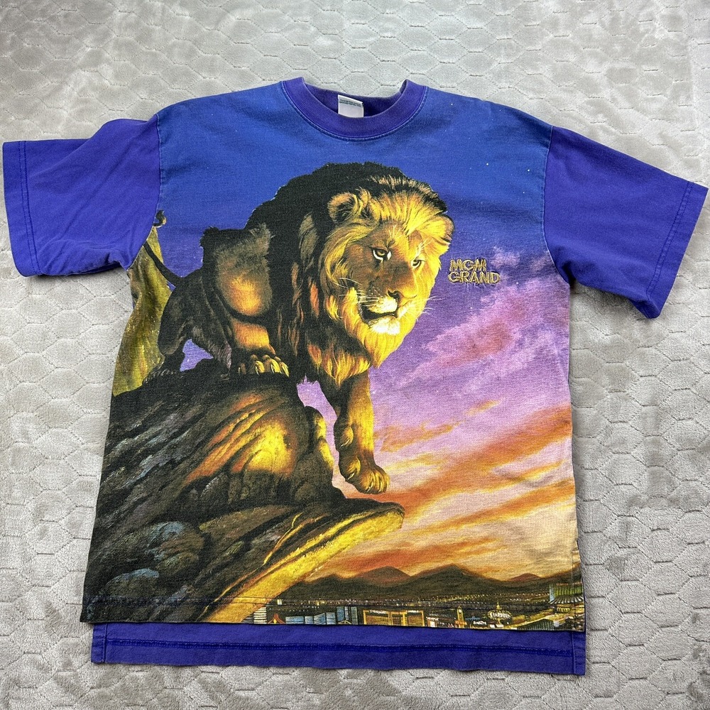 VTG 1993 MGM Grand Embroidered Lion Shirt - Sz M/L - AOP See Pics